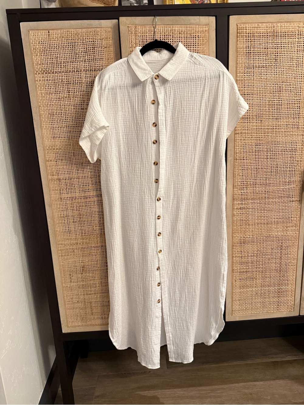 White Button-Front Swim Coverup Shirt Dress